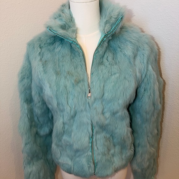 Turquoise Genuine Rabbit Fur Jacket - Picture 5 of 11